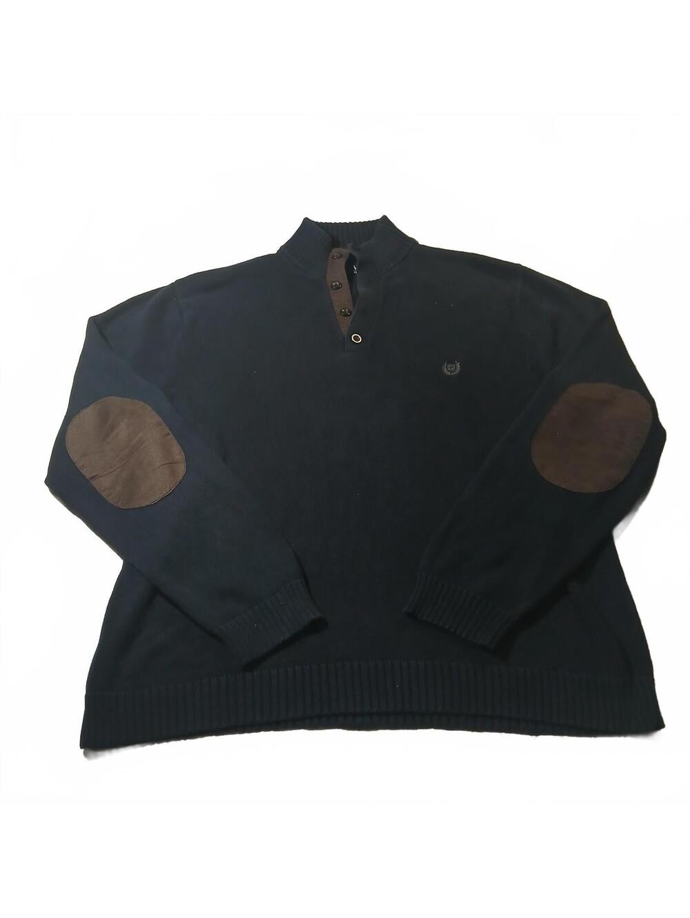 Vintage Chaps Mens Medium Navy Cotton Mock Neck Sweater Brown Elbow Patch Preppy